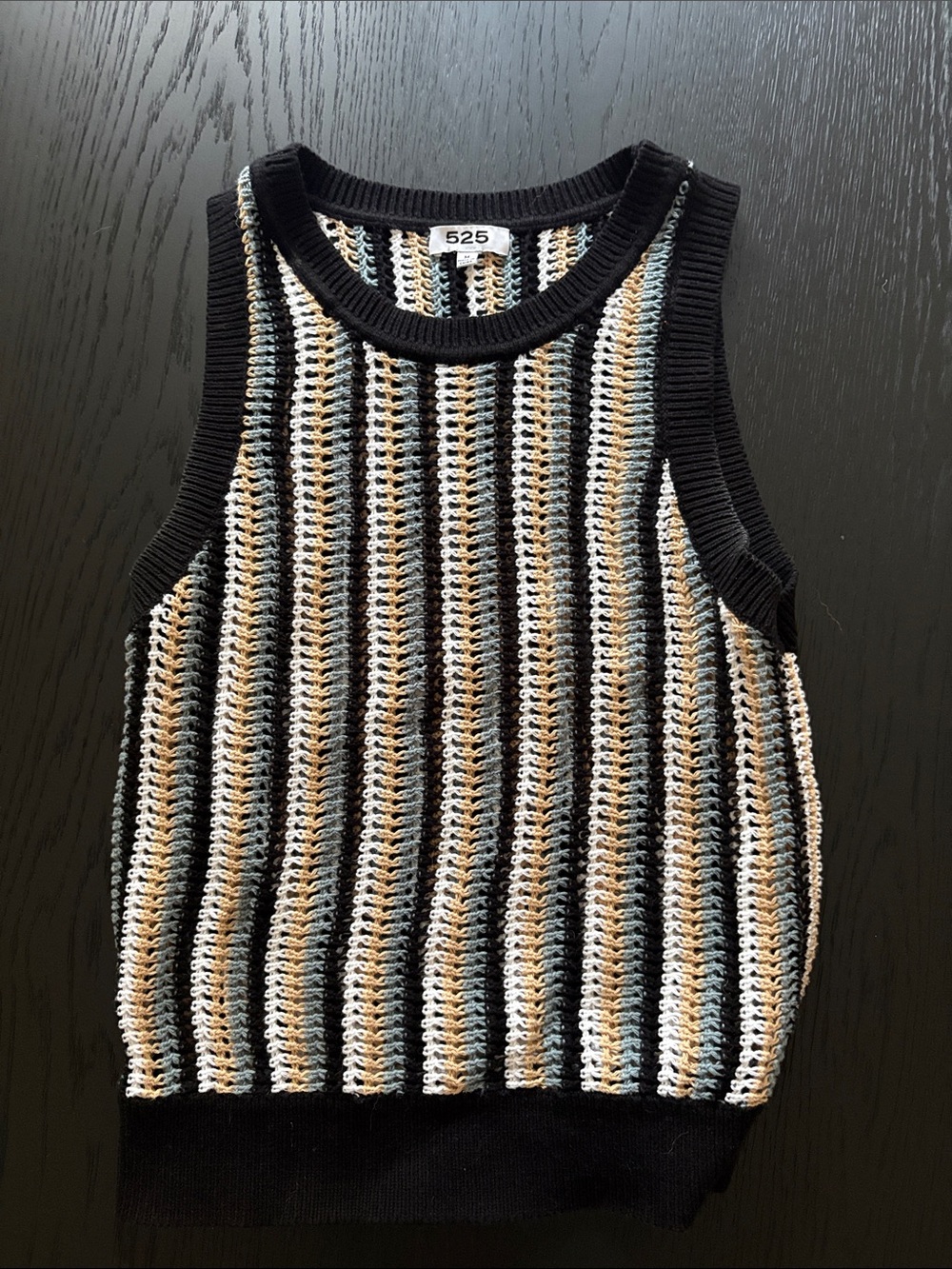 525 America Sleeveless crochet Striped Knit Top in Black, Cream & Blue